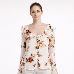 MAJORELLE Fleur Blouse White Zinnia Floral Sheer Ruffle Top